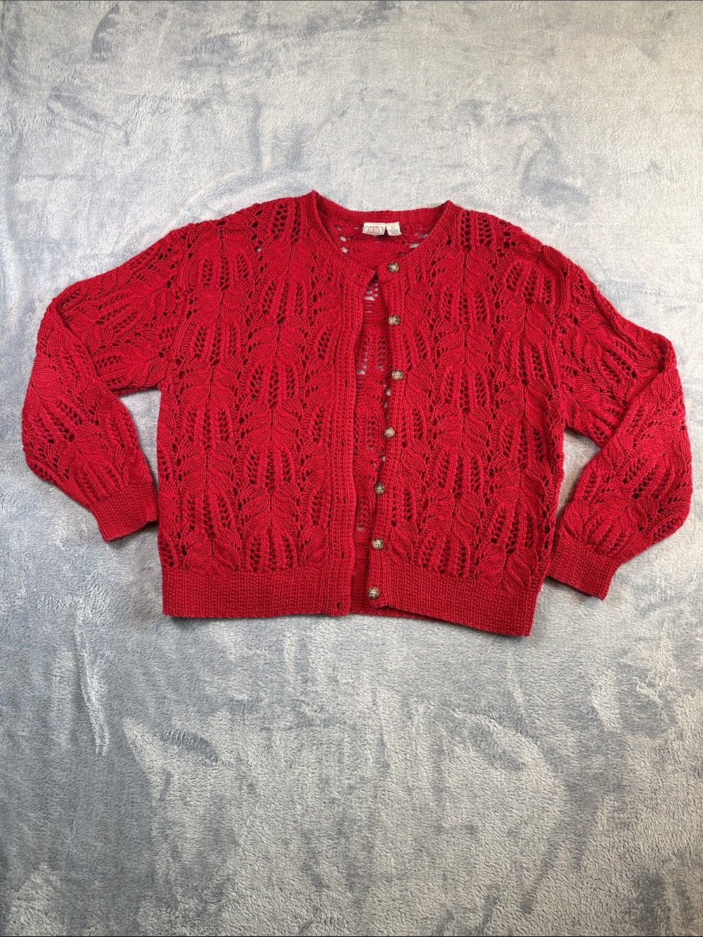 J.G. Hook Vtg. Openwork Hand-Knit Button-Front Cardigan in Bright Red